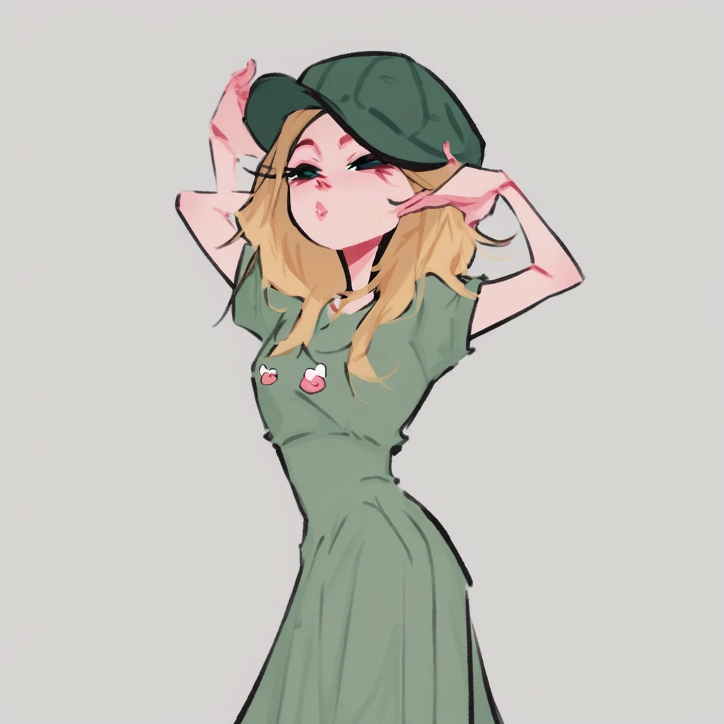 score_9, score_8_up, score_7_up, dijor, cute, girl with blonde cream hair, green dress, posing, hair with hat