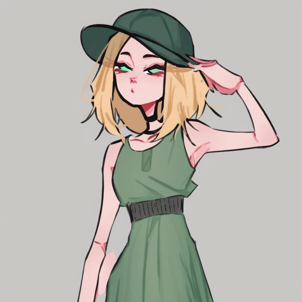 score_9, score_8_up, score_7_up, dijor, cute, girl with blonde cream hair, green dress, posing, hair with hat
