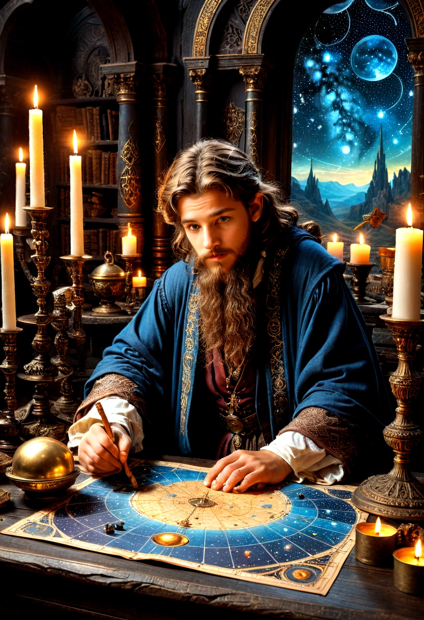 1boy, Astrologer, MAGIC: Ancient WIZARD reading a Map of the Constellations, telescope, candles, on a table, Epic cinematic brilliant stunning intricate meticulously detailed dramatic atmospheric maximalist digital matte painting, masterpiece, best quality, very aesthetic, absurdres