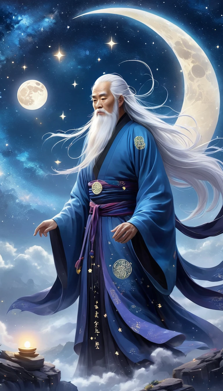 Chinese Mythology，Oriental Fortune Teller，Daofeng fairy bone，Master，The old man stands on the cliff and looks up at the starry sky with long white hair，Back silhouette，Black loose Hanfu robe，Look up at the stars，(((Galaxy Tai Chi Bagua Diagram，Magic Circle，Runes，artistic conception，Array，Runes，Stars shine，Crescent Moon)))，dream,，
