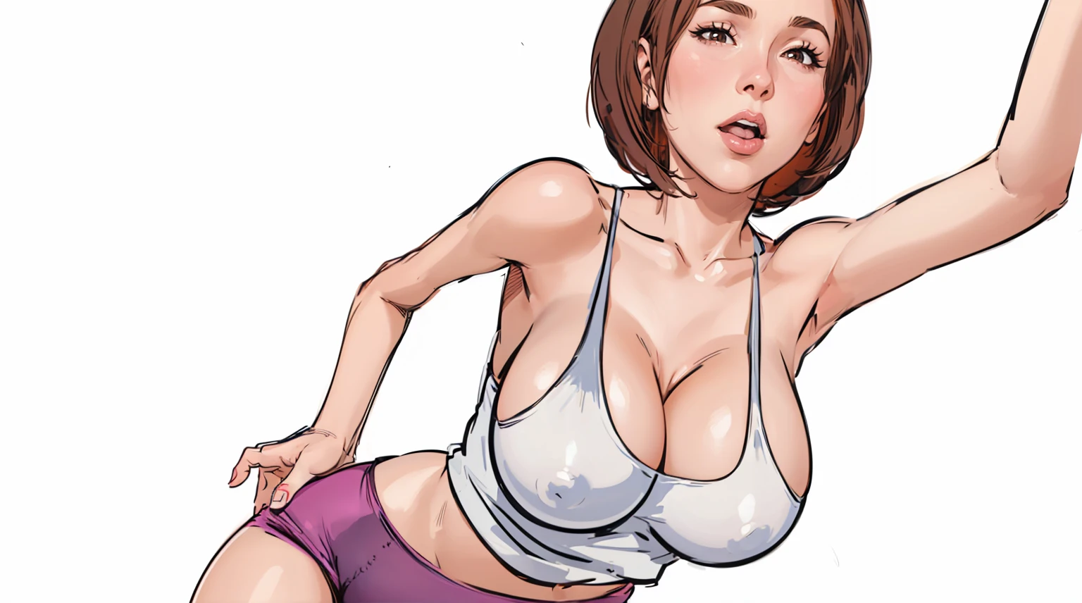 a beautiful woman artwork ultra detailed artwork, woman 32 years old beautiful face whim,very well lit perfect skin beautiful mouth lipstick surprised expression , sexy face,ultra detailed dark brown hair.Natural brightness,very hot perfect body ,very hot huge breasts big breasts ,Breasts huge,Slim waist wide hips,perfect leg ,She wears very tight lycra shorts, drawing curves( big cameltoe pussy buceta volume )white tank top with nipple volume( She has both hands on the wall looking back in surprise