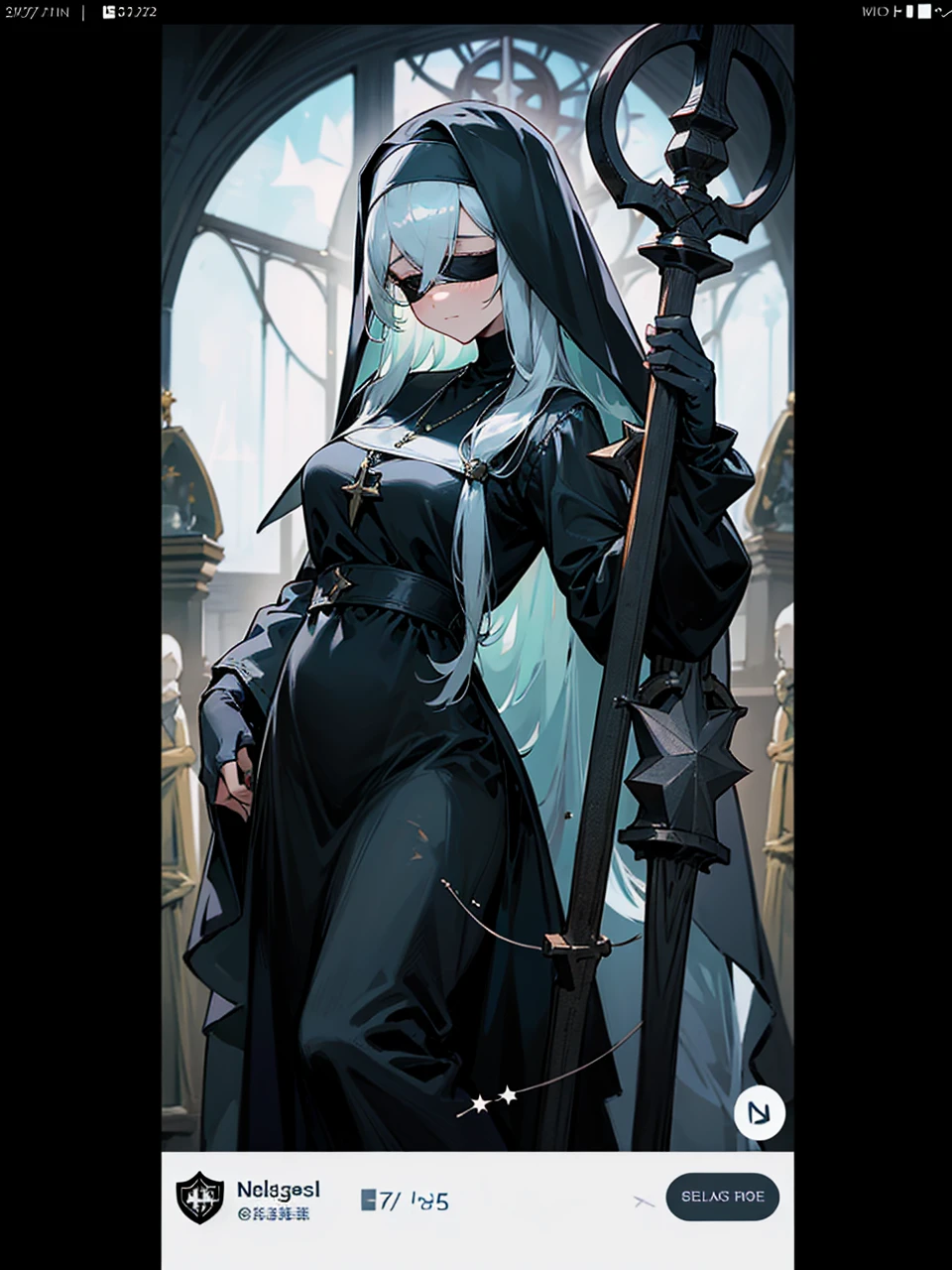 a nun with a blindfold and a modest black church nun outfit, with some silver jewelry, she also wears a long see through veil on her head, with a faded sliver star shaped halo at the back, she is holding her hands together symbolizing a prayer gesture.