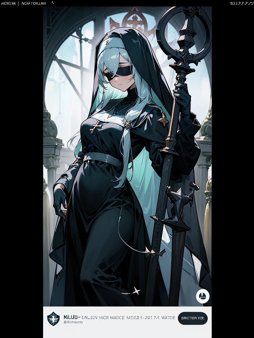 a nun with a blindfold and a modest black church nun outfit, with some silver jewelry, she also wears a long see through veil on her head, with a faded sliver star shaped halo at the back, she is holding her hands together symbolizing a prayer gesture.