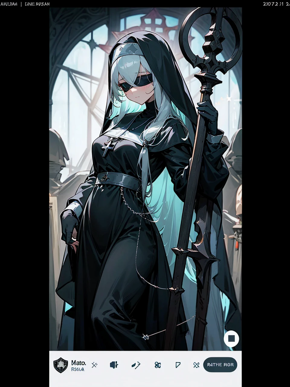 a nun with a blindfold and a modest black church nun outfit, with some silver jewelry, she also wears a long see through veil on her head, with a faded sliver star shaped halo at the back, she is holding her hands together symbolizing a prayer gesture.