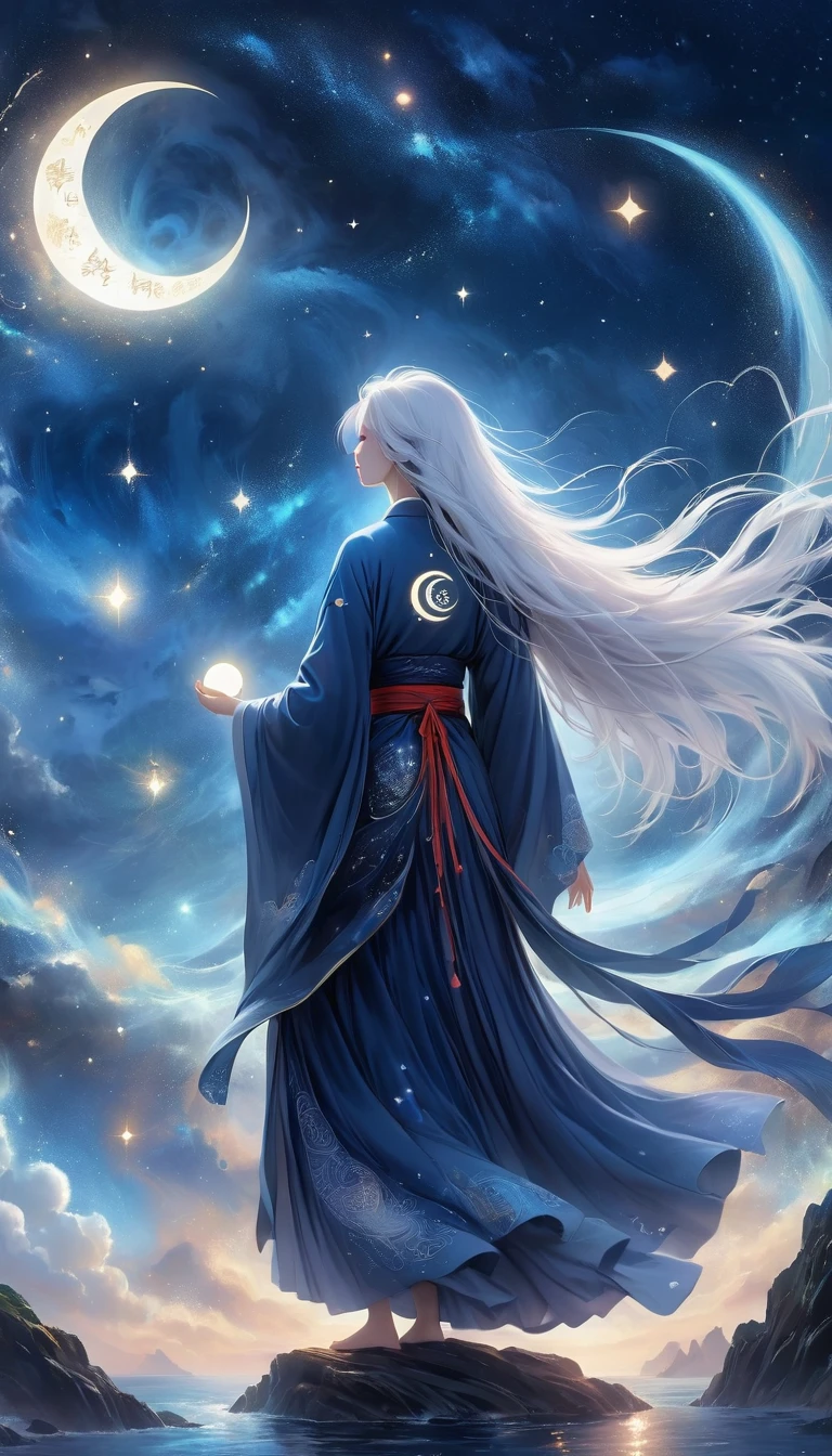 Chinese Mythology，Oriental Fortune Teller，Daofeng fairy bone，Master，The old man stands on the cliff and looks up at the starry sky with long white hair，Back silhouette，Black loose Hanfu robe，Look up at the stars，(((Galaxy Tai Chi Bagua Diagram，Magic Circle，Runes，artistic conception，Array，Runes，Stars shine，Crescent Moon)))，dream,，
