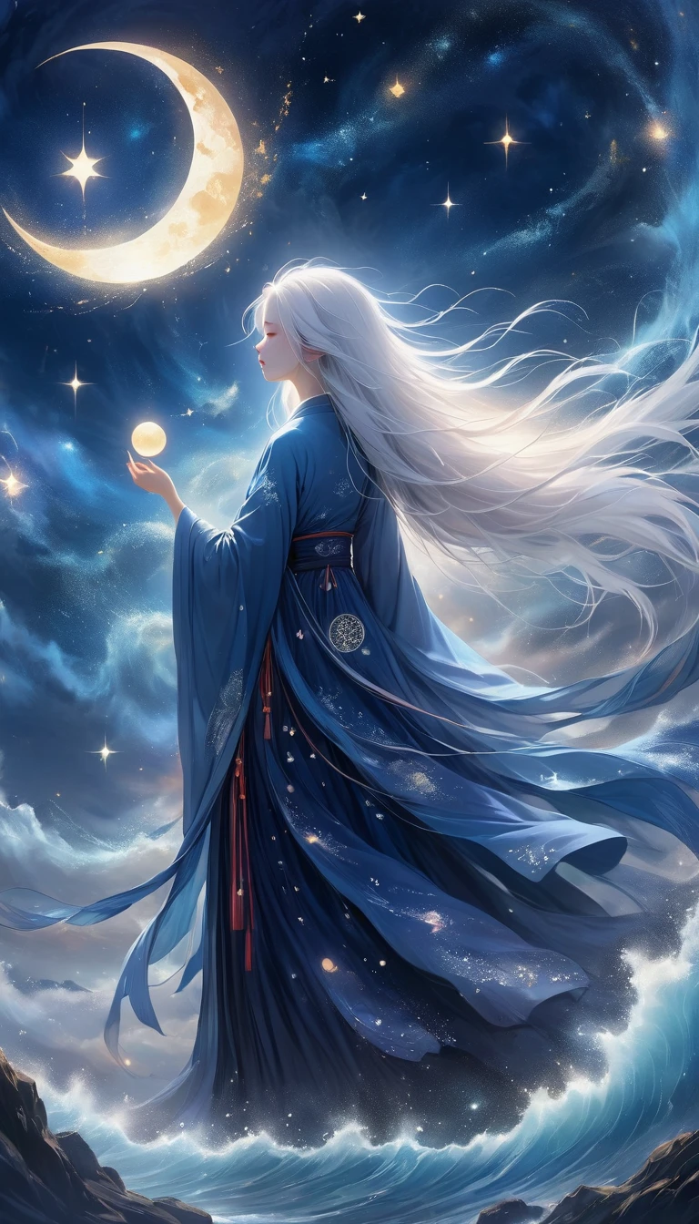 Chinese Mythology，Oriental Fortune Teller，Daofeng fairy bone，Master，The old man stands on the cliff and looks up at the starry sky with long white hair，Back silhouette，Black loose Hanfu robe，Look up at the stars，(((Galaxy Tai Chi Bagua Diagram，Magic Circle，Runes，artistic conception，Array，Runes，Stars shine，Crescent Moon)))，dream,，
