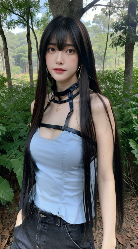(best qualityer, work of art: 1.2), Woman, portraite, blue translucent open collar shirt (chest opened), Correia, Mullet Head, long black hair, eyes browns, whole body, plein-air, at the forest, detailed legs