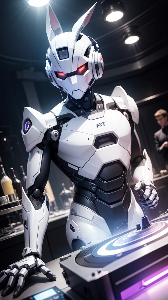 robot rabbit, White color, male gender, portrait photo style, non-human, in a club, playing on a turntable, non-human,