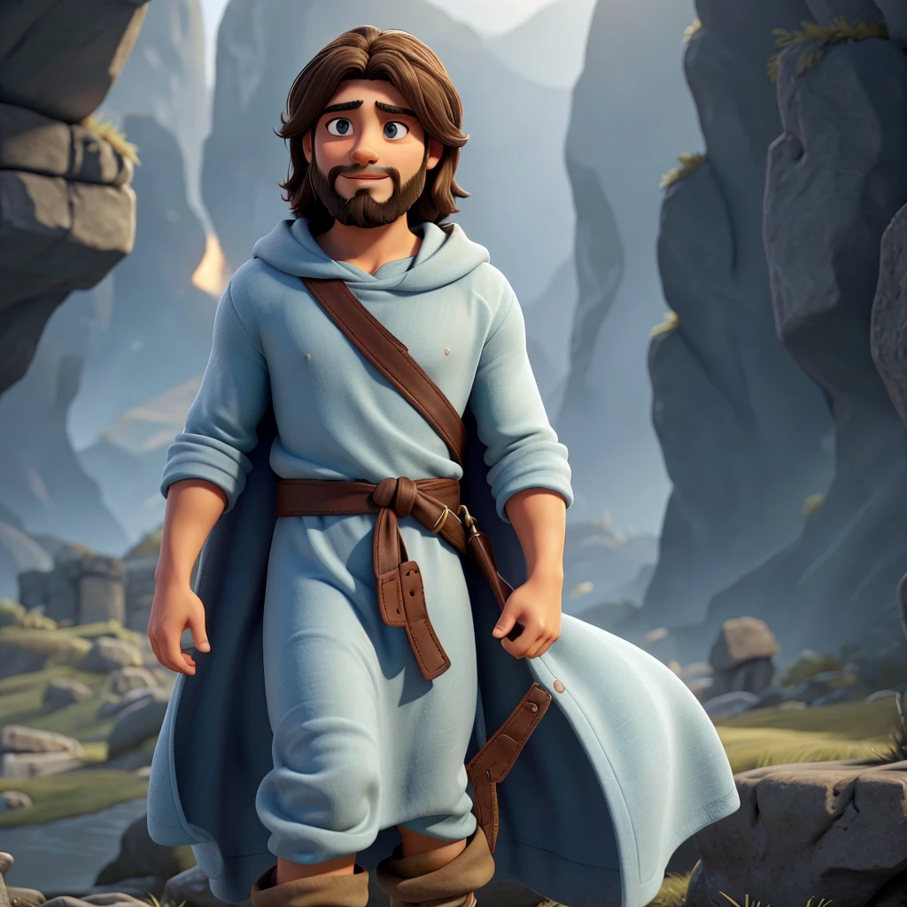 "Create a realistic image of Jesus Christ looking straight ahead. The image should be of cinema quality and 4K resolution. Jesus should have an expression of compassion and serenity, with piercing eyes and a spiritual lightness. He should have dark brown hair, slightly wavy and falling over his shoulders, with a thick beard. He should be wearing a simple ivory-coloured robe, with a soft blue cloak over his shoulders. The lighting should be natural, with soft light that highlights the facial features and creates a subtle glow effect around his head. The background should be a natural setting, with green hills and a clear evening sky, adding a touch of tranquillity to the image."