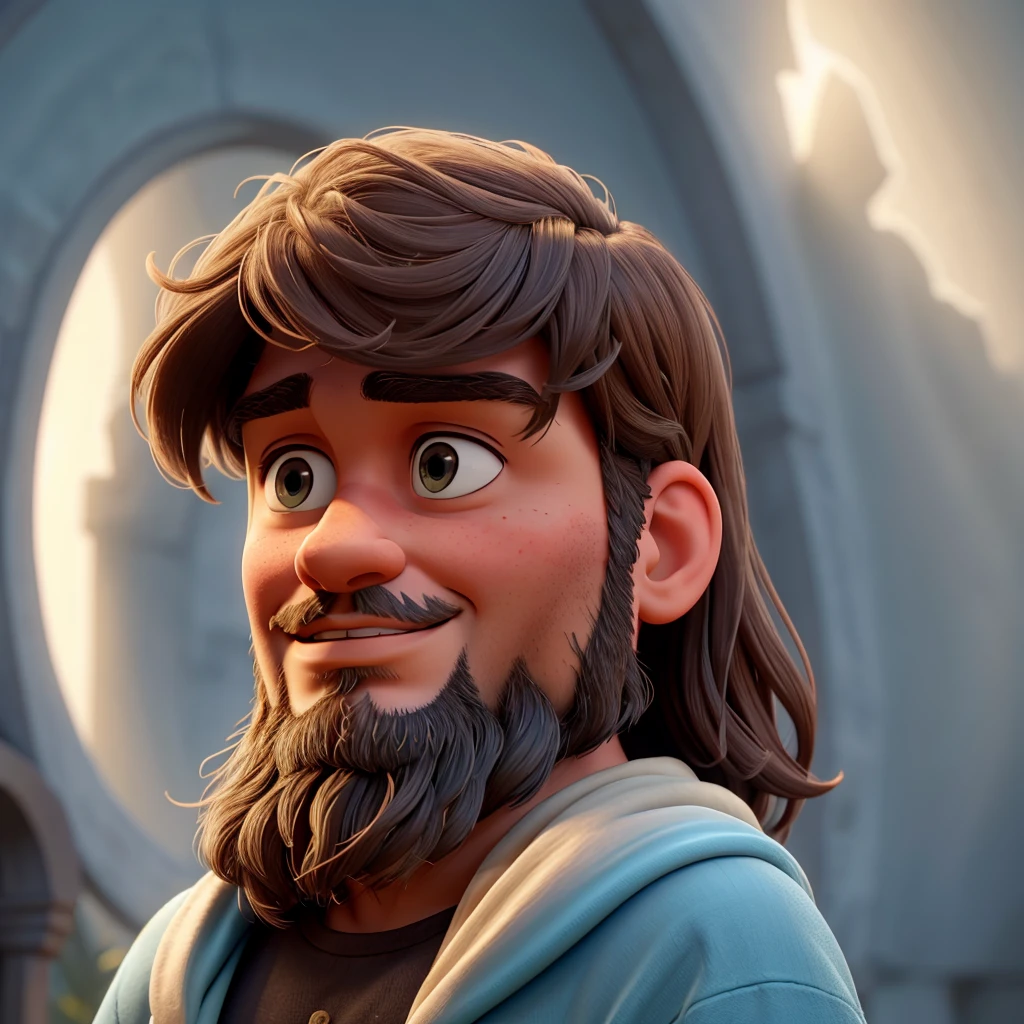 "Create a realistic image of Jesus Christ looking straight ahead. The image should be of cinema quality and 4K resolution. Jesus should have an expression of compassion and serenity, with piercing eyes and a spiritual lightness. He should have dark brown hair, slightly wavy and falling over his shoulders, with a thick beard. He should be wearing a simple ivory-coloured robe, with a soft blue cloak over his shoulders. The lighting should be natural, with soft light that highlights the facial features and creates a subtle glow effect around his head. The background should be a natural setting, with green hills and a clear evening sky, adding a touch of tranquillity to the image."