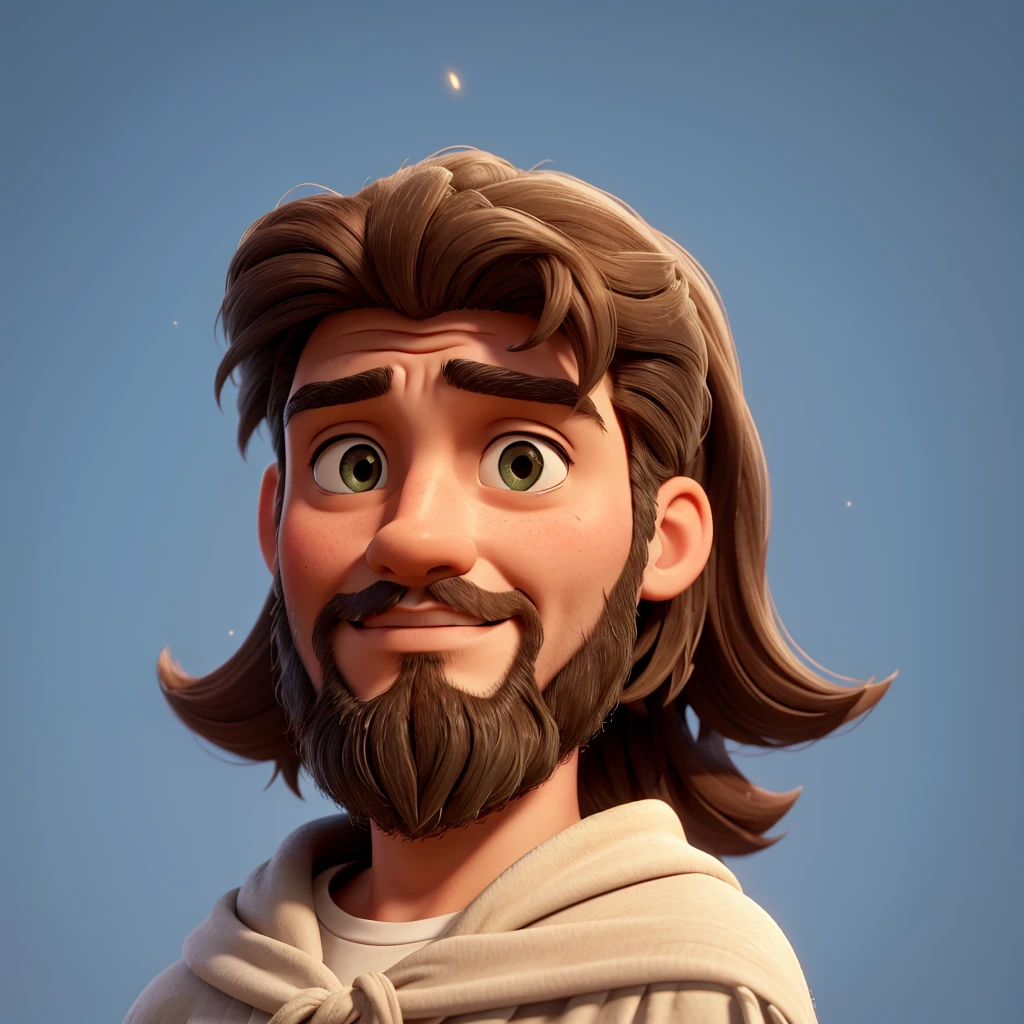 "Create a realistic image of Jesus Christ looking straight ahead. The image should be of cinema quality and 4K resolution. Jesus should have an expression of compassion and serenity, with piercing eyes and a spiritual lightness. He should have dark brown hair, slightly wavy and falling over his shoulders, with a thick beard. He should be wearing a simple ivory-coloured robe, with a soft blue cloak over his shoulders. The lighting should be natural, with soft light that highlights the facial features and creates a subtle glow effect around his head. The background should be a natural setting, with green hills and a clear evening sky, adding a touch of tranquillity to the image."