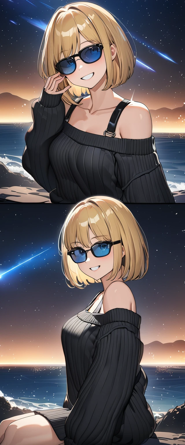 ((grin)), ((off-shoulder sweater:1.3, Quite thick shoulder straps)), ((black sweater)), ((blond hair, bob cut:1.3)), ((sunglasses, hand to sunglasses)), (((from side))), ((((upper body)))), ((Leaning to side)), (((A meteor shower dancing in the night sky, countless stars twinkling in the clear air))), ((sitting on the very high cliff)), wavy hair, inward curled hair, ((sea, nature)), breasts, ager, (looking at viewer), oversized clothes, puffy long sleeves, collarbone, head tilt:1.3, (((blue eyes))), happy smile, (((anime style))), (best quality, 4K, 8K, highres, masterpiece:1.2, ultra-detailed, ultra-detailed eyes, HDR, uhd, studio lighting, ultra-fine painting, sharp focus, physically-based rendering, extreme detail description, professional, vivid colors, bokeh)