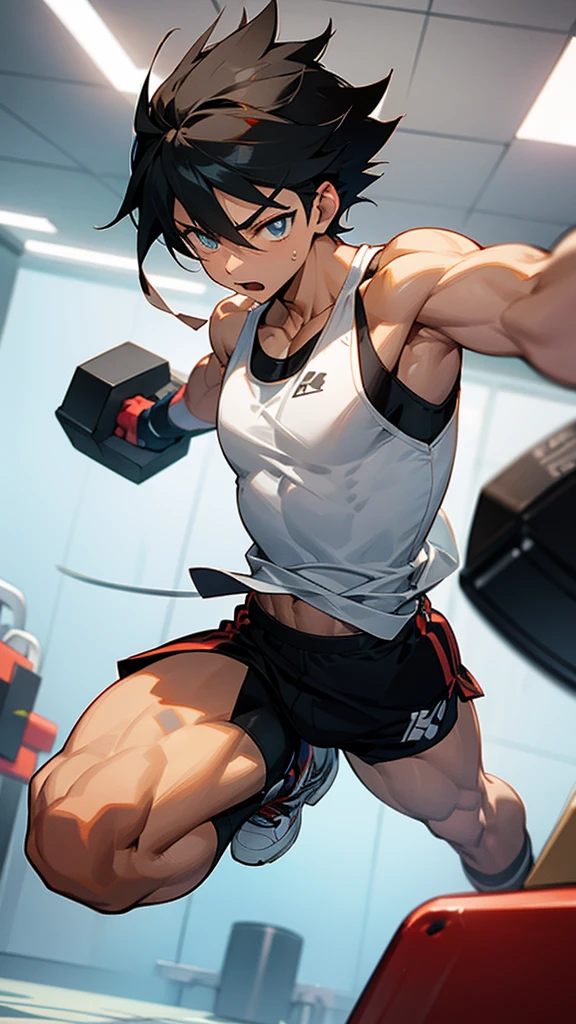 Anime, charismatic fitness influencer character, adult, diverse, male, full body view, with a fit and motivational appearance, demonstrating a high-intensity workout routine, energetic expression, muscular, athletic and toned, sweatband, tank top, sports shorts, wearing a tank top and shorts and sneakers, complemented by a water bottle and a determined attitude, in a modern, well-equipped gym, dynamic fitness center environment, bright, energizing lighting