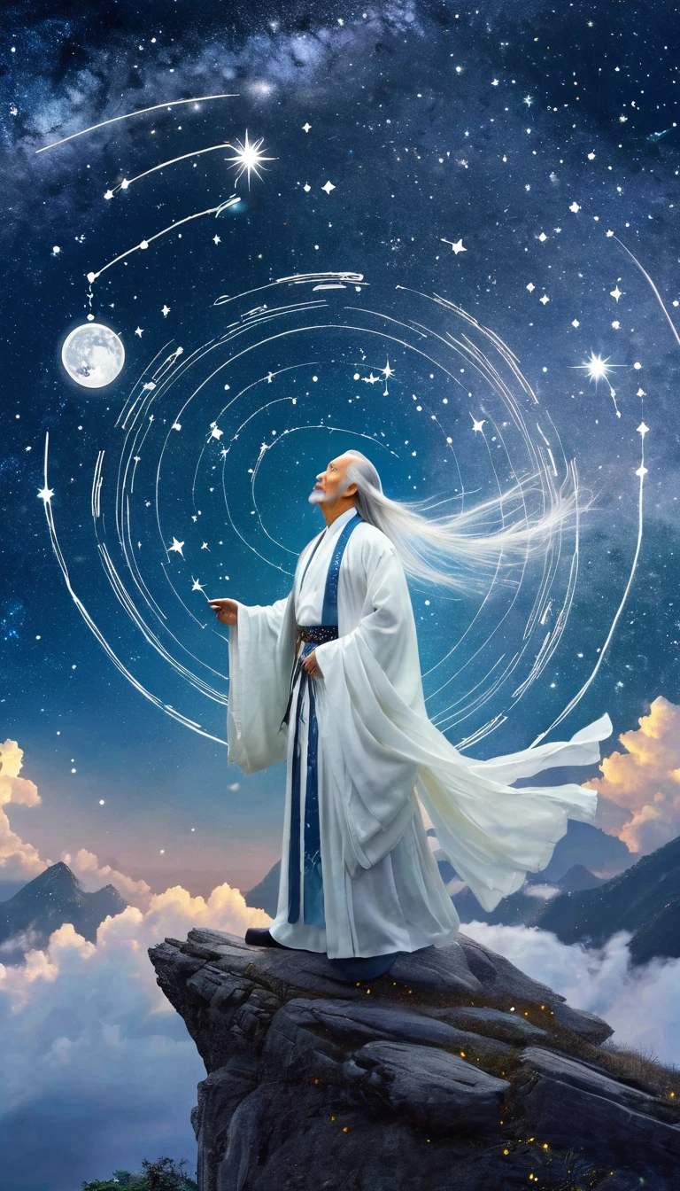 Chinese Mythology，Oriental Fortune Teller，Daofeng fairy bone，Master，The old man stands on the cliff and looks up at the starry sky with long white hair，Back silhouette，White loose Hanfu robe，Look up at the stars，(((Galaxy Tai Chi Bagua Diagram，Magic Circle，Runes，artistic conception，Array，Runes，Luminescence)))，dream,，
