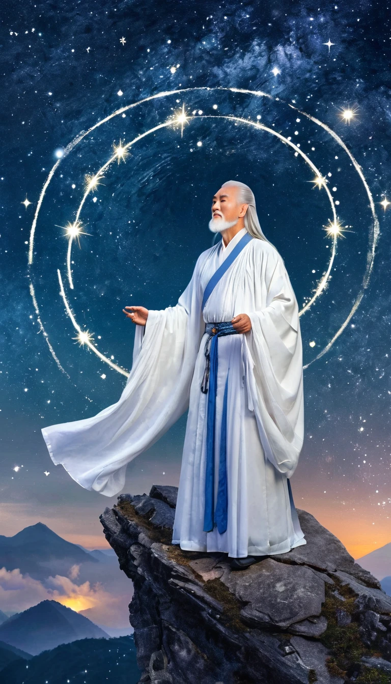 Chinese Mythology，Oriental Fortune Teller，Daofeng fairy bone，Master，The old man stands on the cliff and looks up at the starry sky with long white hair，Back silhouette，White loose Hanfu robe，Look up at the stars，(((Galaxy Tai Chi Bagua Diagram，Magic Circle，Runes，artistic conception，Array，Runes，Luminescence)))，dream,，
