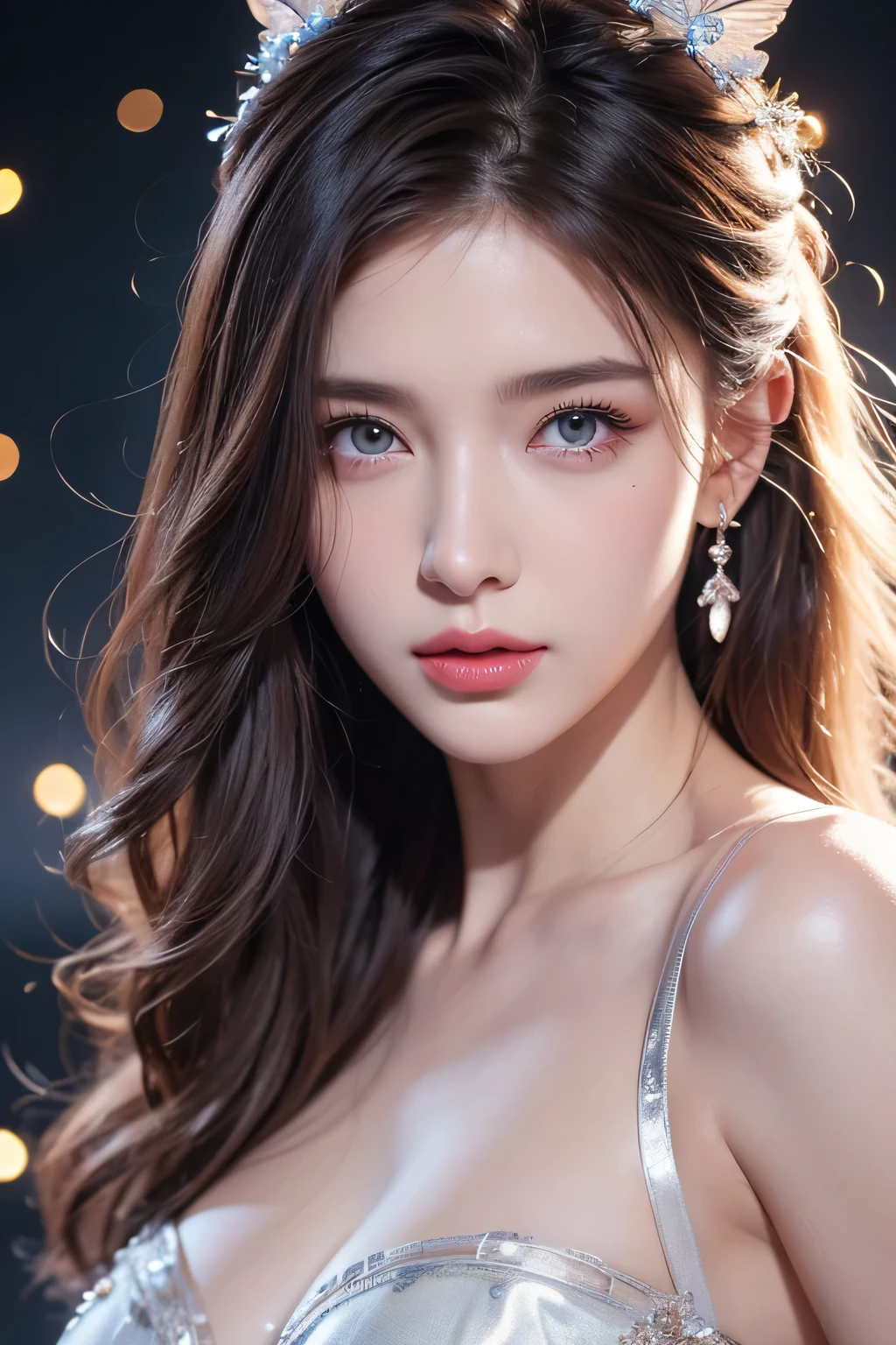 High-quality work,Realistic works,Super premium graphics,8K HD CG works,high quality graphics,High-definition and exquisite CG works,10x pixels,Ultra-fine details:1.1,Advanced technical details:1.1Realistic photo effects,Interior lighting effects:1.5,natural soft light:1.5. Light effect(Virtual light effects:1.8),ultra high resolution,shining dress,sliver long hair,silber hair,transparenthair,high detailed hair(Quality hair details:1.1)Clear eyes,Double eyelids look good,Sharp eye makeup, Create exquisite eyelash makeup, tthin eyebrows, Ultra-detailed eyes,a tall nose, lovely red lips, rosey cheeks, With delicate makeup on her face , pretty face, The face shape is perfectly proportioned,(Advanced facial details:1.1) masterpiece photography nsfw that captures the essence of a dream experienced by an awesome caucasian young woman, perfect beautiful detailed face, realistic skin pores, sharp clear eyes, (nipple slip), sheer revealing dress, enveloped in tendrils of smoke that morph into surreal butterflies around her, In the dream, she finds herself in a fantastical landscape filled with vibrant colors and surreal elements, The atmosphere is dreamy and ethereal, with soft glowing lights illuminating the scene, The young woman is depicted as confident and radiant, surrounded by symbols of her aspirations and inner strength, The overall mood of the image should evoke a sense of wonder, empowerment, and limitless possibilities, complex lighting, rimlight, (wind:1.3), ,Women's artwork,Dress full body video,Realism,Amazing Cleavage,My eyes are very bright today