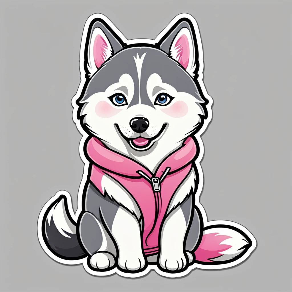 favicon Sticker design for clothes, cartoon husky, husky sticker, A high resolution, high detail, cartoon style, color gray and pink, one tail