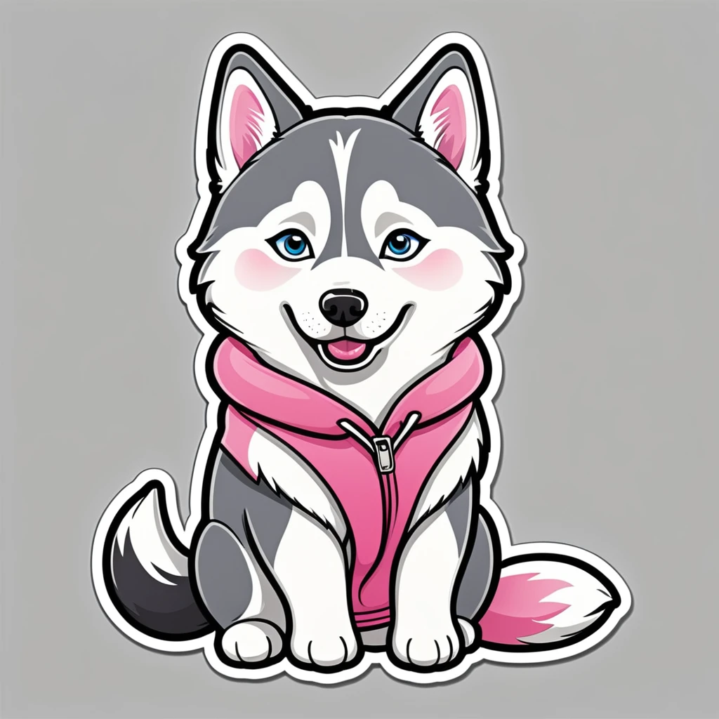 favicon Sticker design for clothes, cartoon husky, husky sticker, A high resolution, high detail, cartoon style, color gray and pink, one tail