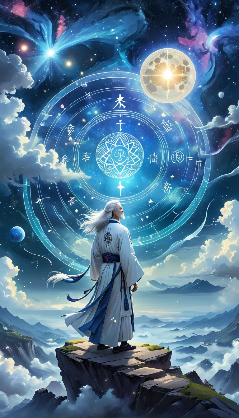 Chinese Mythology，Oriental Fortune Teller，Daofeng fairy bone，Master，The old man stands on the cliff and looks up at the starry sky with long white hair，Back silhouette，White loose Hanfu robe，Look up at the stars，(((Galaxy Tai Chi Bagua Diagram，Magic Circle，Runes，artistic conception，Array，Runes，Luminescence)))，dream,，
