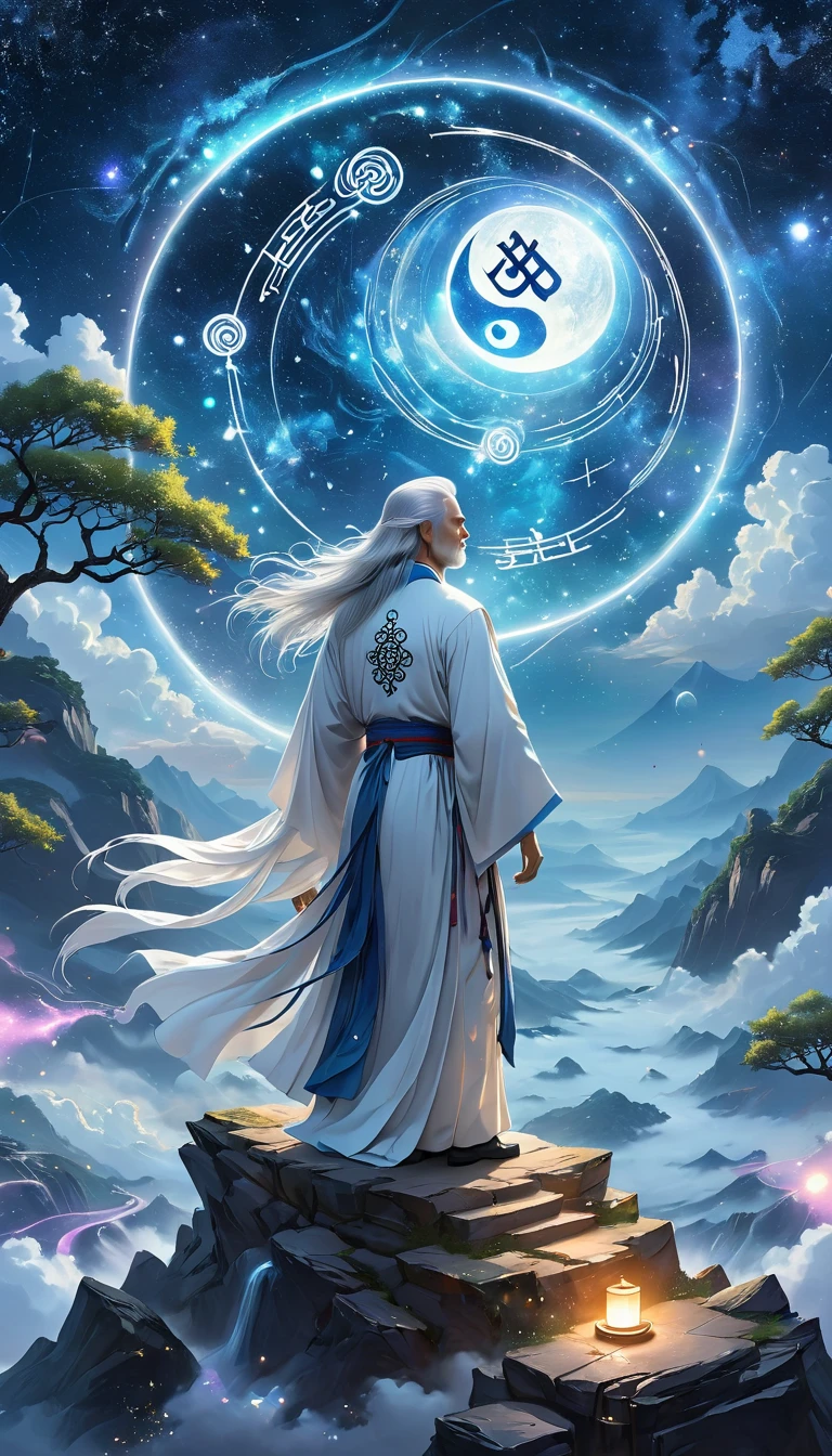 Chinese Mythology,Oriental Fortune Teller,Daofeng fairy bone,Master,The old man stands on the cliff and looks up at the starry sky with long white hair,Back silhouette,White loose Hanfu robe,Look up at the stars,(((Galaxy Tai Chi Bagua Diagram,Magic Circle,Runes,artistic conception,Array,Runes,Luminescence))),dream,,