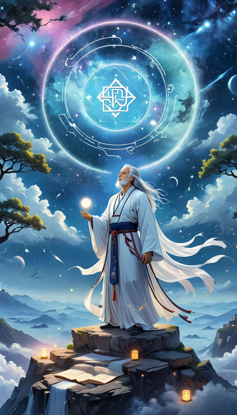 Chinese Mythology，Oriental Fortune Teller，Daofeng fairy bone，Master，The old man stands on the cliff and looks up at the starry sky with long white hair，Back silhouette，White loose Hanfu robe，Look up at the stars，(((Galaxy Tai Chi Bagua Diagram，Magic Circle，Runes，artistic conception，Array，Runes，Luminescence)))，dream,，
