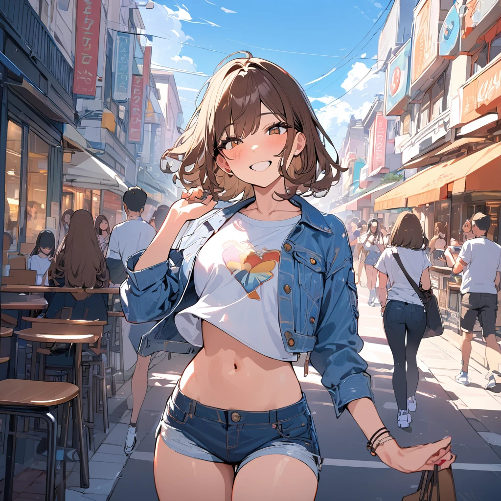 (masterpiece:1.5), highest quality, Super detailed, very detailed, exquisite, 16k, Full HD, very aesthetic, absurdres, anime style, 1girl, high school girl, beautiful, female, super sexy girl, 18 years old, shoulder-length brown hair, brown hair, joyful smile, trendy casual fashion, denim jacket, white T-shirt, shorts, sneakers, taking, busy street with cafes and boutiques, sunny afternoon, bright sunlight on girl's face, soft shadows, people and bicycles in the background, blue sky and tall buildings in the distance, sharp focus on subject, vivid colors, cheerful and lively atmosphere, warm sunlight feel, in the philippines