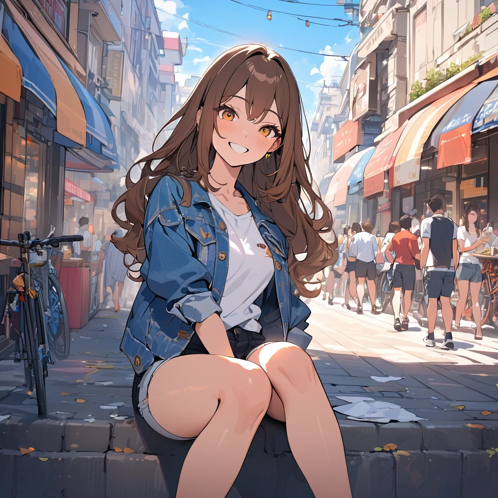 (masterpiece:1.5), highest quality, Super detailed, very detailed, exquisite, 16k, Full HD, very aesthetic, absurdres, anime style, 1girl, high school girl, beautiful, female, super sexy girl, 18 years old, shoulder-length brown hair, brown hair, joyful smile, trendy casual fashion, denim jacket, white T-shirt, shorts, sneakers, taking, busy street with cafes and boutiques, sunny afternoon, bright sunlight on girl's face, soft shadows, people and bicycles in the background, blue sky and tall buildings in the distance, sharp focus on subject, vivid colors, cheerful and lively atmosphere, warm sunlight feel, in the philippines