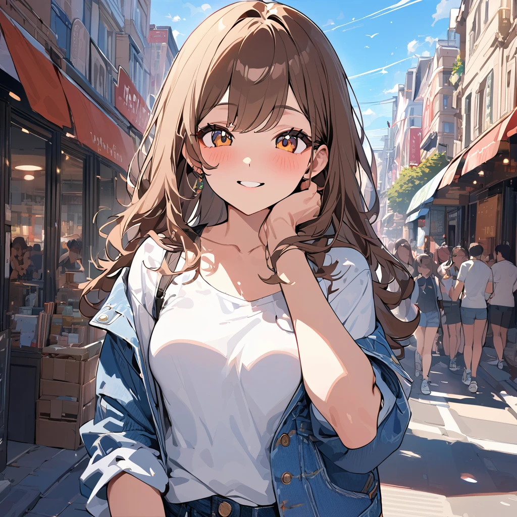 (masterpiece:1.5), highest quality, Super detailed, very detailed, exquisite, 16k, Full HD, very aesthetic, absurdres, anime style, 1girl, high school girl, beautiful, female, super sexy girl, 18 years old, shoulder-length brown hair, brown hair, joyful smile, trendy casual fashion, denim jacket, white T-shirt, shorts, sneakers, taking, busy street with cafes and boutiques, sunny afternoon, bright sunlight on girl's face, soft shadows, people and bicycles in the background, blue sky and tall buildings in the distance, sharp focus on subject, vivid colors, cheerful and lively atmosphere, warm sunlight feel, in the philippines