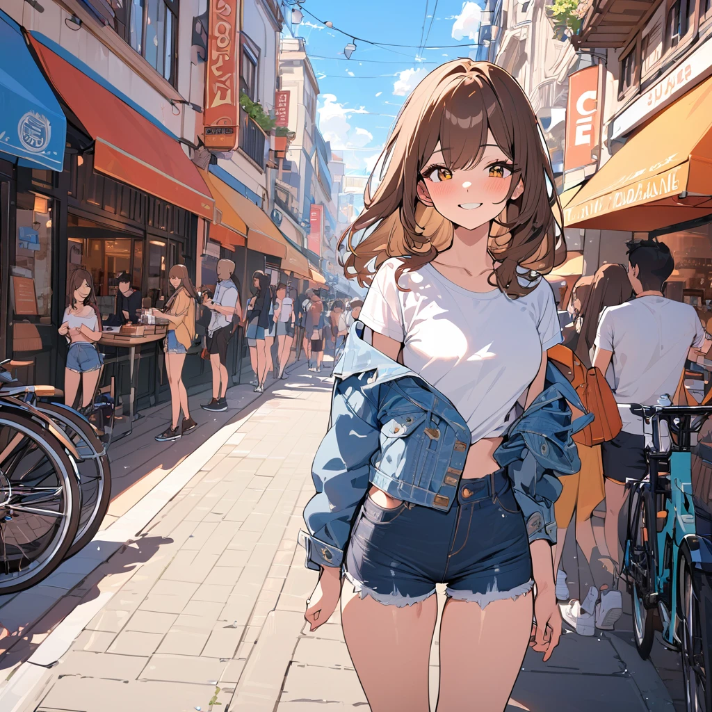 (masterpiece:1.5), highest quality, Super detailed, very detailed, exquisite, 16k, Full HD, very aesthetic, absurdres, anime style, 1girl, high school girl, beautiful, female, super sexy girl, 18 years old, shoulder-length brown hair, brown hair, joyful smile, trendy casual fashion, denim jacket, white T-shirt, shorts, sneakers, taking, busy street with cafes and boutiques, sunny afternoon, bright sunlight on girl's face, soft shadows, people and bicycles in the background, blue sky and tall buildings in the distance, sharp focus on subject, vivid colors, cheerful and lively atmosphere, warm sunlight feel, in the philippines
