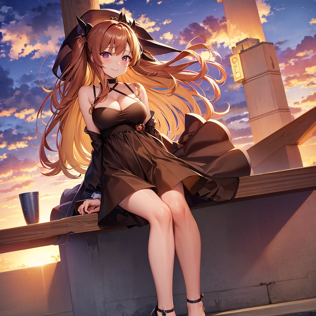 There is only one girl in the photo、Karen Chan、Horse Girl、Horse Girl プリティーダービー、Big Breasts、Brown Dress。Exposing cleavage、smile、Dyed by the sunset、Free Pose。asuna,STAR, crown half up hairstyle,, leaning forward, girlan extremely delicate and beautiful girl, shiny platinum blonde hair, dusk sky,love live! school idol project,love live!,nishikino maki, love live! style, gradient, best detailed girl, sit, flying sweatdrops, woman, large breasts, dress, Epic Light and Shadow, Phobia of giant objects, extremely detailed CG unity 8k wallpaper, the best quality, detailed and intricate,