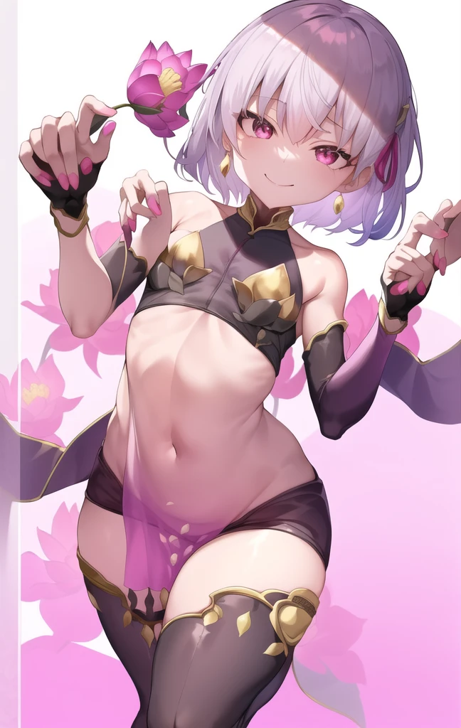 KamaDe, OriginalKamaOutfit, 1girl, flower, solo, smile, looking at viewer, lotus, holding, gradient background, gradient, closed mouth, pink flower
sadistic smile,deep shaded face,,smile worst,worst ridecule,evil moukery,,,two hands,five fingers,black background,A face full of evil,Too evil ridicule