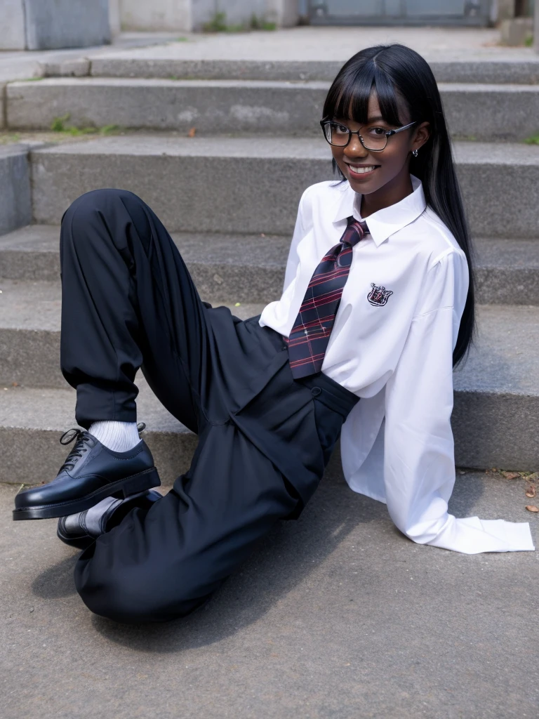 (1 girl solo),(dark skin:1.5) ,20 years old, (black hair:1.3),  (glasses:1.4),  , (straight hair:1.5), (evil smile:1.2) ,long sidelocks, (blush:1.3),(kneeling:1.3),(Put left knee in front:1.5),(boy's school uniform long pant:1.5),(loosen necktie:1.2),spread legs,bend knee,(open shirt:1.5),(short_sleeves shirt:1.3),(low long ponytail:1.4),(blunt bangs:1.4), (greaming skin:1.3),(flat_chest),(wide hips:1.3)