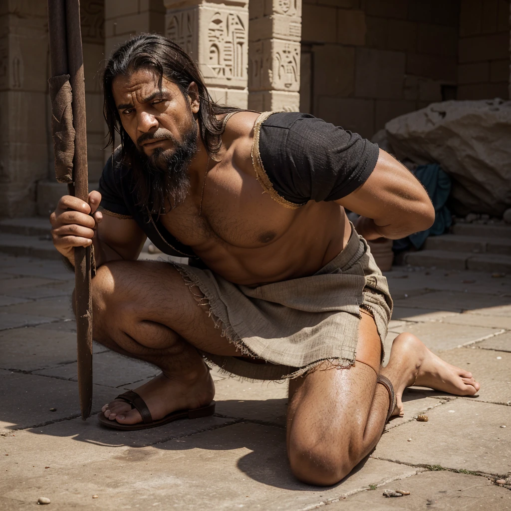 Moses: Dressed in Egyptian attire, but with an expression of conflict and anguish. He is standing, watching the scene with wide eyes and clenched fists.
Egyptian: A muscular man, with an angry expression, wearing a short linen skirt and sandals. He holds a whip or stick, about to deliver another blow.
Hebrew: A man of humble appearance, wearing simple, tattered clothes. He is kneeling on the ground, his hand raised in a gesture of defense, his face contorted in pain.