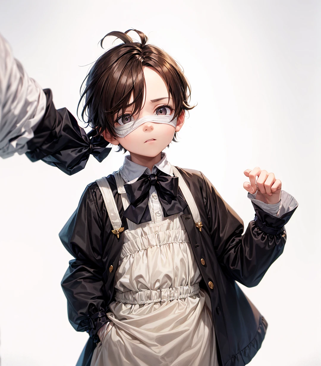 little boy,Youngh,Victorian Clothes,bandages over eyes,brownhair,tails, evil expression