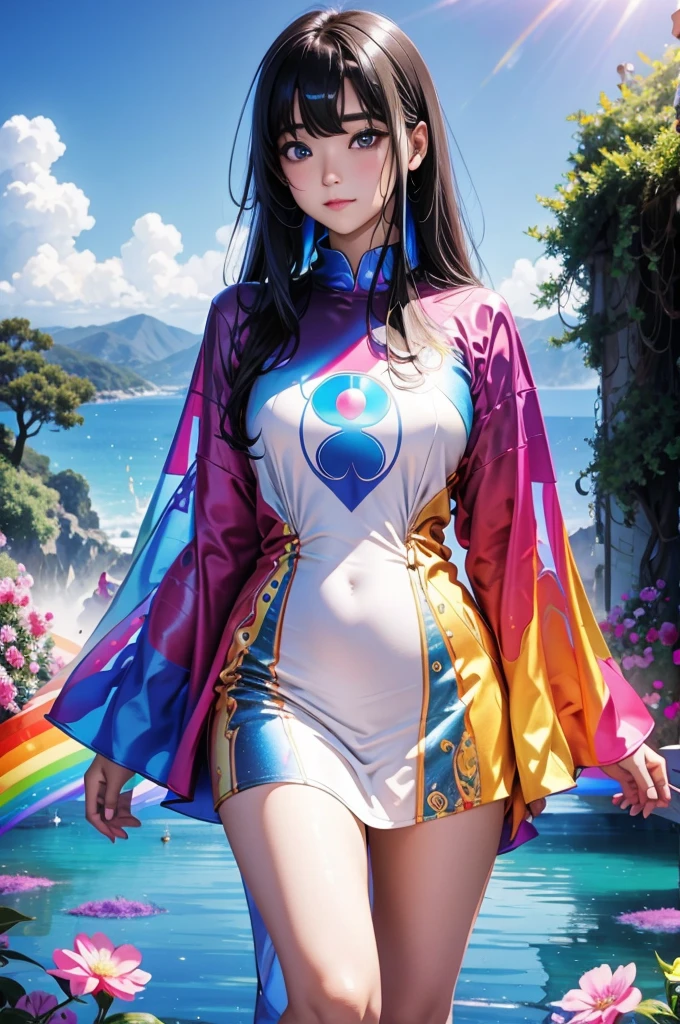 (Highest quality), (8K), (Highest quality), (live-action), (Realistic photos), summer、summerを感じる物、summerを感じる風景, blue sky, Rainbow and sunshine shining.16K, Ultra-high resolution, Shining in rainbow colors、to be born,wonderful ,future、Iridescent、The world 30 years from now。