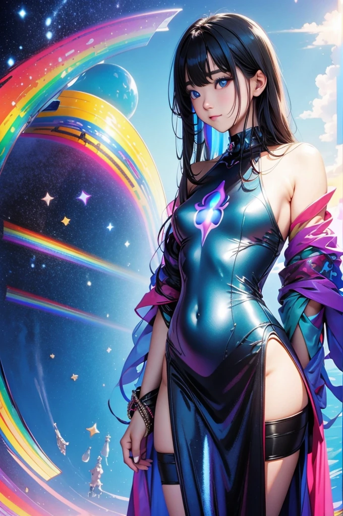 (Highest quality), (8K), (Highest quality), (live-action), (Realistic photos), summer、summerを感じる物、summerを感じる風景, blue sky, Rainbow and sunshine shining.16K, Ultra-high resolution, Shining in rainbow colors、to be born,wonderful ,future、Iridescent、The world 30 years from now。