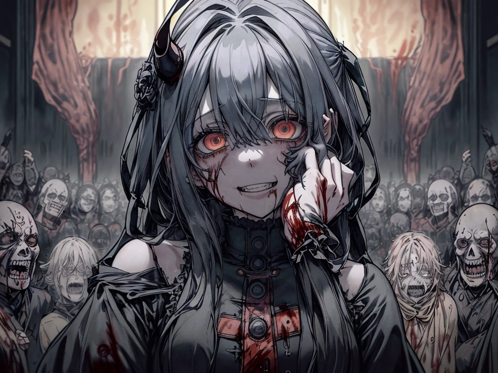 死んだ腐ったBloodに飢えた邪悪なzombie, Girl Venom, 黒い共bornborn物が付着している, Bloodまみれの, Evil look, Psychopathic, Torn clothes, Torn costume, sexy, reveal, Combat Stance, Very detailed, Vibrant appearance, Creative Action, Very detailed, Imaginative, Sensual, Voluntary, Small breasts, sexy, reveal, Highest quality, skinの質感, Intricate details, (Highest quality, masterpiece, 超High resolution), (8k wallpaper, High resolution, High resolution, born), (credibility: 1.4), (whole bodyショット), One girl, ((Anime Girls)),,(Bloodしぶき:1.6), ((Fantasy Witch Costume)), ((Flowing white hair)), ,(Bloodしぶき:1.6),Female curves, Large Breasts, Thick thighs, sexyな平らなお腹, 完璧なhand, 完璧なアニメのface, ((dark lolita dress)), Are standing, ((Wicked Smile)), ,(Bloodしぶき:1.6),In the Victorian city, gaslight, Steam circulates, Moonlight Illumination, night間照明, A sky filled with stars and galaxies,disaster々new devil horns,,(Bloodしぶき:1.6),アニメzombie魔女デザイン, ねじれた笑face、Bloodまみれの、頭からの出Blood、Bloodしぶき、,(Bloodしぶき:1.6),Crossbones, skull, Streetwear Design, Provector, Horror Style, Full Design, Huge breasts, Very detailed, Realistic, Dark fantasy, Gloomy atmosphere, Intricate details, Crazy Smile, 狂ったeye, A cute and luxurious hair band,(masterpiece:1.2, Highest quality), Scary atmosphere、Distorted facial expressions、Horror Art、Bloodの雨、Bloodを流す、Bloodしぶき,(Bloodしぶき:1.6),悪魔のeye、redいeye、scar、火scar、whole body、Torn hair of a woman dressed in slave clothing、（Long Hair）、（eyeにかかる長さの前髪）、Black Hair、（（（eyeの下のクマ）））、青白いskin、Feeling unwell、Pathological、邪悪な笑face、狂ったeye、（Grin）Dramatic makeup，Create mixed media art、,Horror 1 Girl, Open_mouth, , red_eye, Blood, Tilt_red_skin, Injury, Blood_in addition_face, Bandaged_arm, Blood_in addition_zombie, Blood_in addition_hand　, Open your eyelids wide, The trend is all, mouthを大きくOpen, mouthを開けてteethをむき出しにする,獣のような鋭いteeth, Wide lips, 非常に広いmouth, Vermilion cheeks, blonde, ,(Bloodしぶき:1.6),Princess Cut, Ribbon hair ornament, brooch, Otaku Room, Well-built body, Nice body, Ample breasts, Thick body,eyeを大きく開いて、Scary atmosphere、Distorted facial expressions、ねじれた笑face、Bloodまみれの、頭からの出Blood、Bloodしぶき、whole body、,(Bloodしぶき:1.6),Long Hair、Long bangs、Well-built,Broad shoulders,I focus,(face),Messy Hair,いeye,(光るeye),red信号,笑face,big 笑face,teeth,psycho 笑face,gesugao,Dark city background,darkness,night,(close),良いeye, 良いteeth,サディスティックな笑face,,all,光沢のあるskin,詳細なface,Beautiful body,　mouthからの白い息　Luxurious lace long gloves