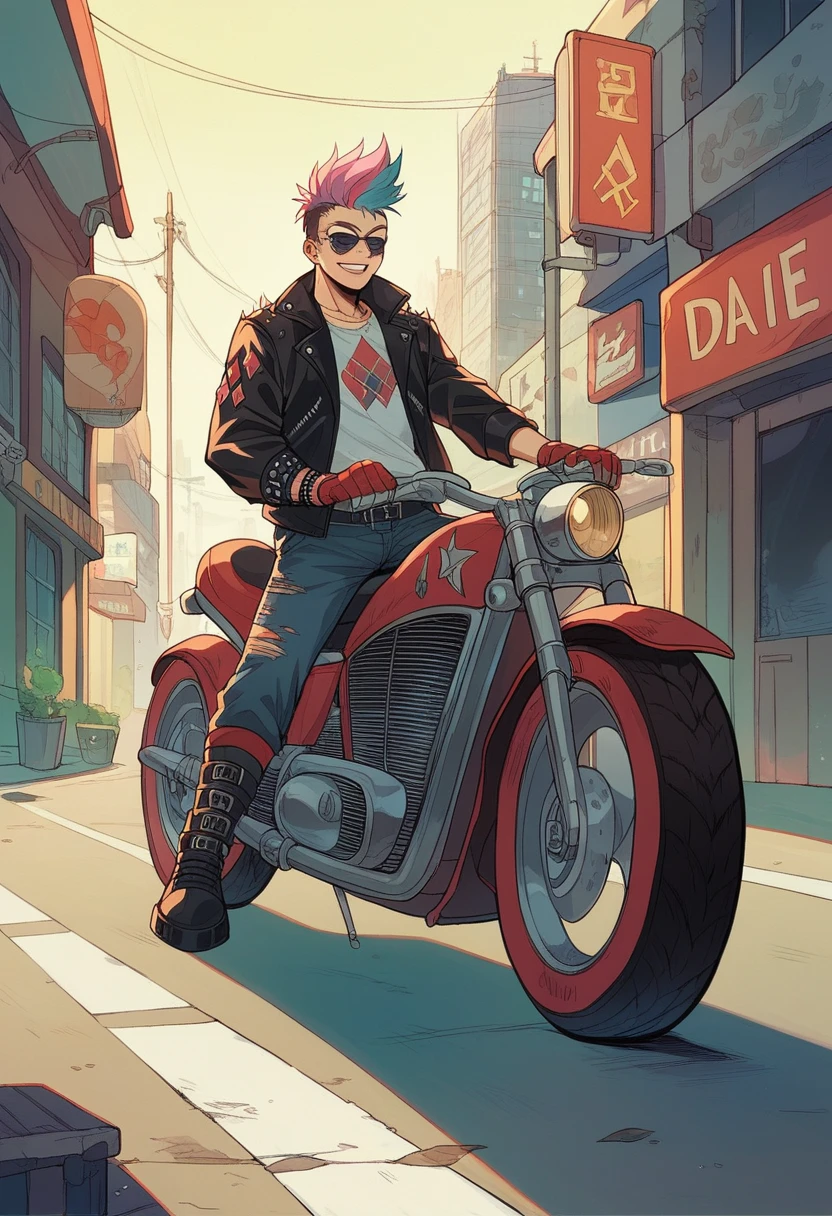 A biker with the head of a cat and the body of a human、Thick leather jacket。Punkish。Ride through the city on a Harley Davidson。Ultra-realistic。８K Image。Precision Painting、Real Image。