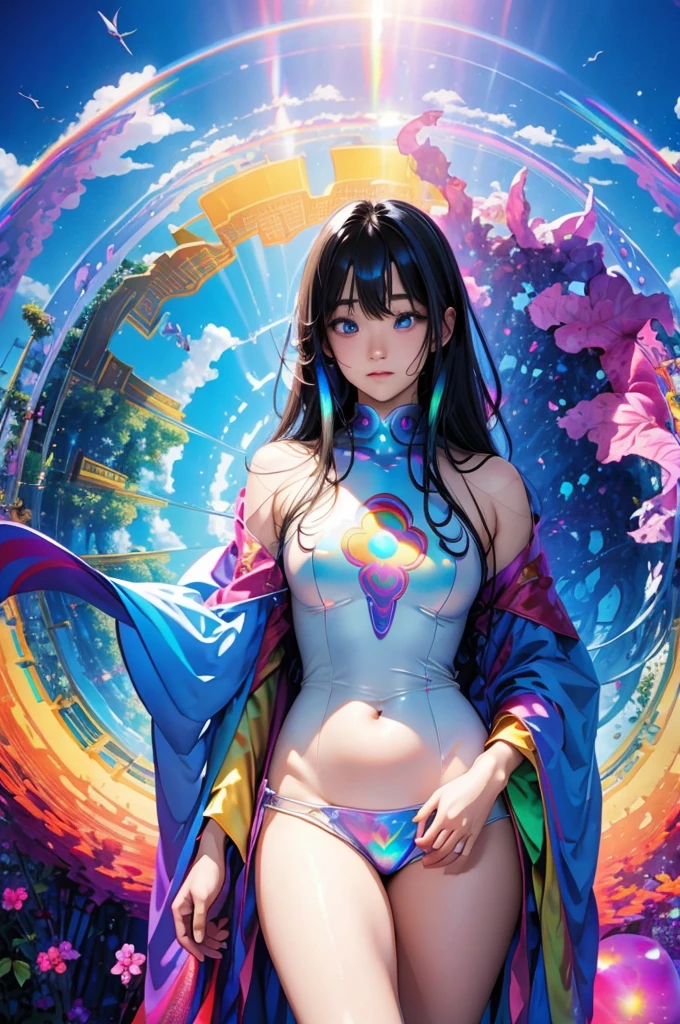 (Highest quality), (8K), (Highest quality), (live-action), (Realistic photos), summer、summerを感じる物、summerを感じる風景, blue sky, Rainbow and sunshine shining.16K, Ultra-high resolution, Shining in rainbow colors、to be born,wonderful ,future、Iridescent、The world 30 years from now。