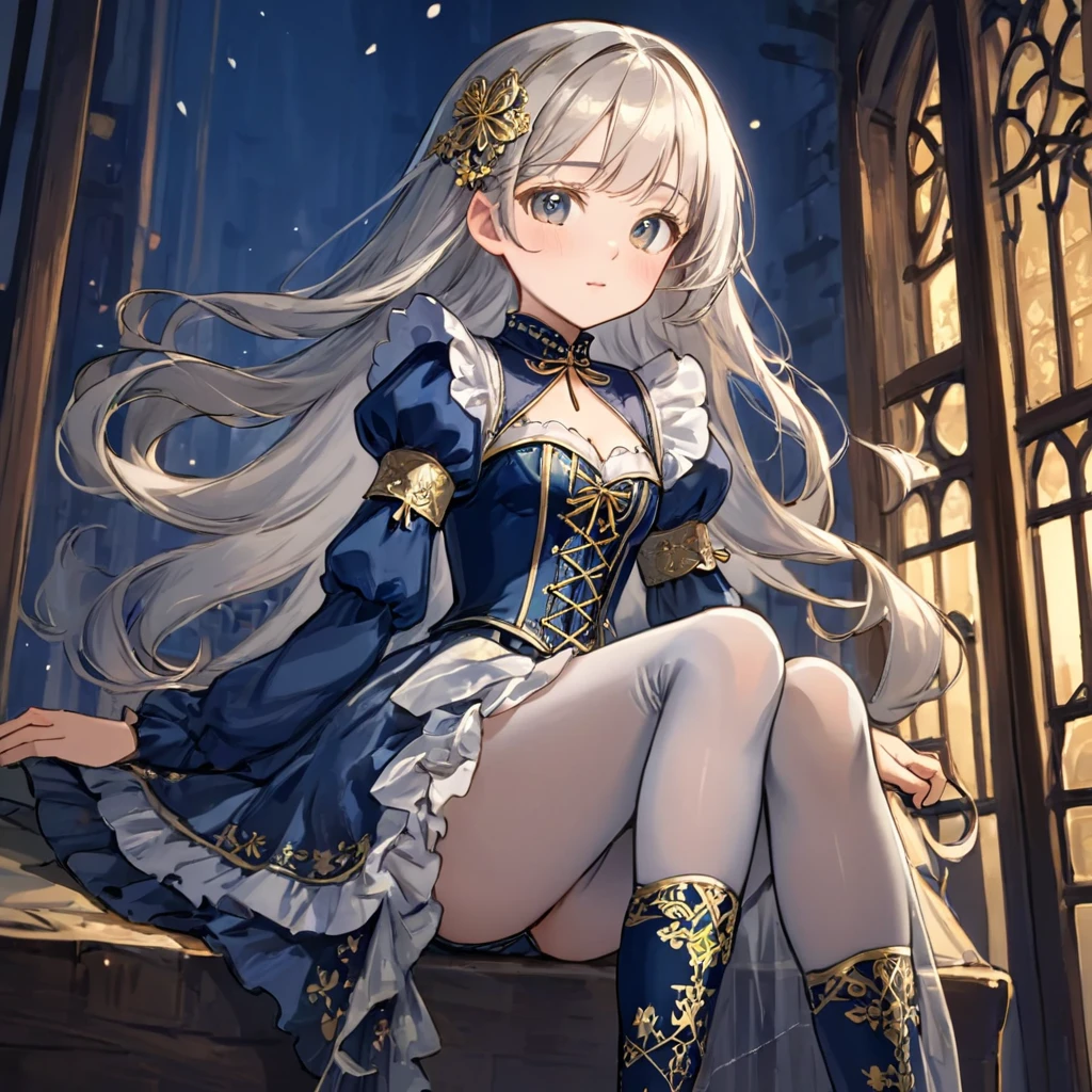 8 year old medieval girl, 1people々、In underwear、Gold and silver thread embroidery、Translucent underwear that reaches below the knee(Bloomers)wear、wear a semi-transparent corset、Translucent slip, Navy translucent tights、sleep