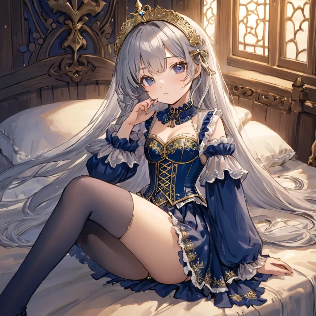 8 medieval girl, 1people々、In underwear、Gold and silver thread embroidery、Translucent underwear that reaches below the knee(Bloomers)wear、wear a semi-transparent corset、Translucent slip, Navy translucent tights、sleep