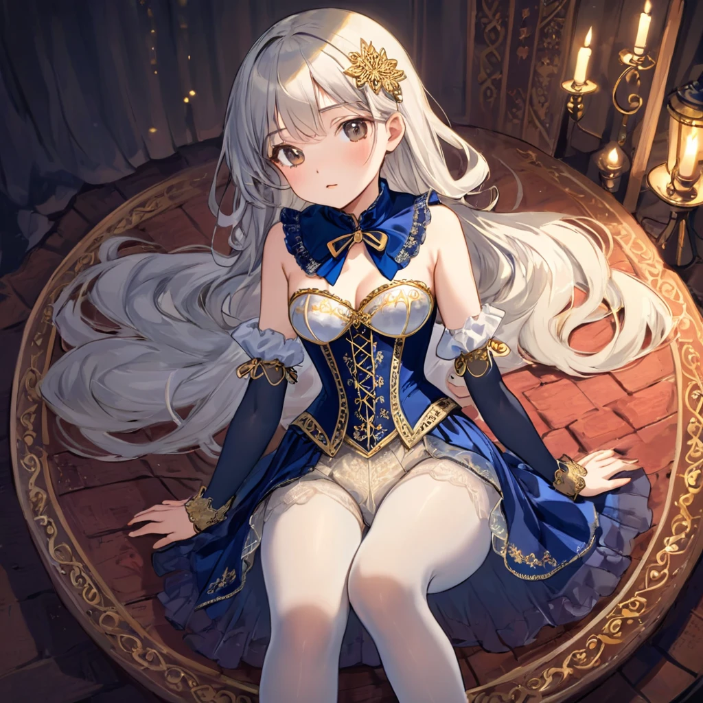 8 year old medieval girl, 1people々、In underwear、Gold and silver thread embroidery、Translucent underwear that reaches below the knee(Bloomers)wear、wear a semi-transparent corset、Translucent slip, Navy translucent tights、sleep
