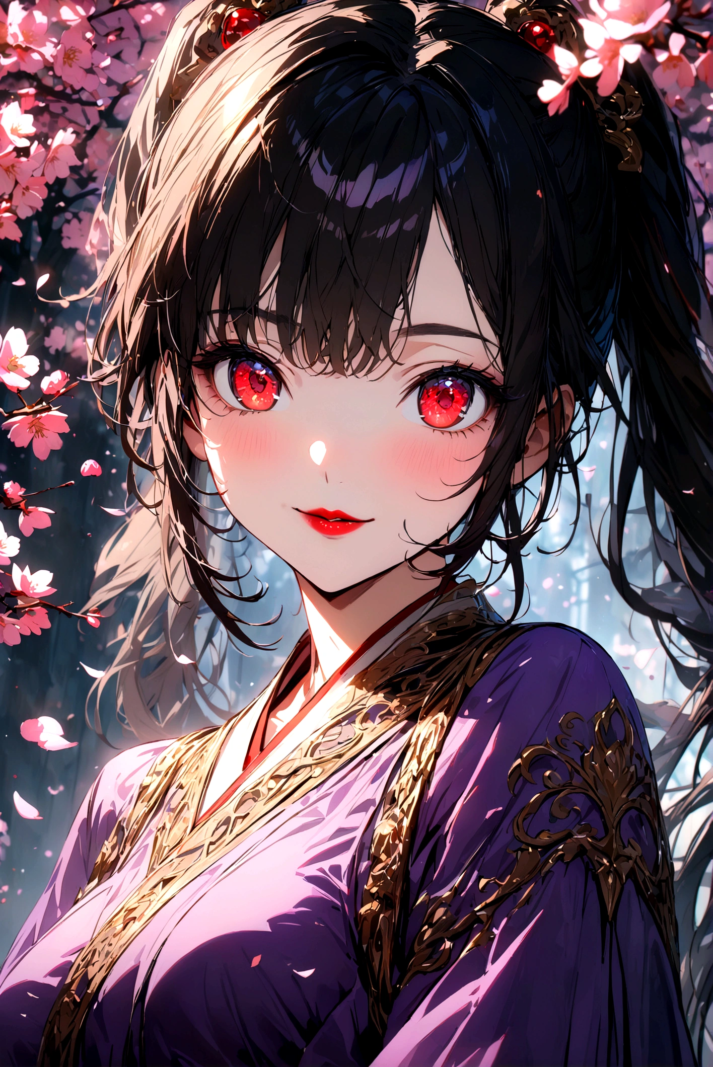 anime girl with short black hair and red highlights, very long twin ponytails, vivid red eyes, thin red lipstick, wearing a purple kimono with a black bottom, medium-sized breasts, (best quality,4k,8k,highres,masterpiece:1.2),ultra-detailed,,anime,portrait,detailed face,beautiful detailed eyes,beautiful detailed lips,extremely detailed eyes and face,long eyelashes,intricate details,elegant expression,dramatic lighting,vibrant colors,cinematic composition walking in a cheery blossom field while smiling and holding a pink leaf