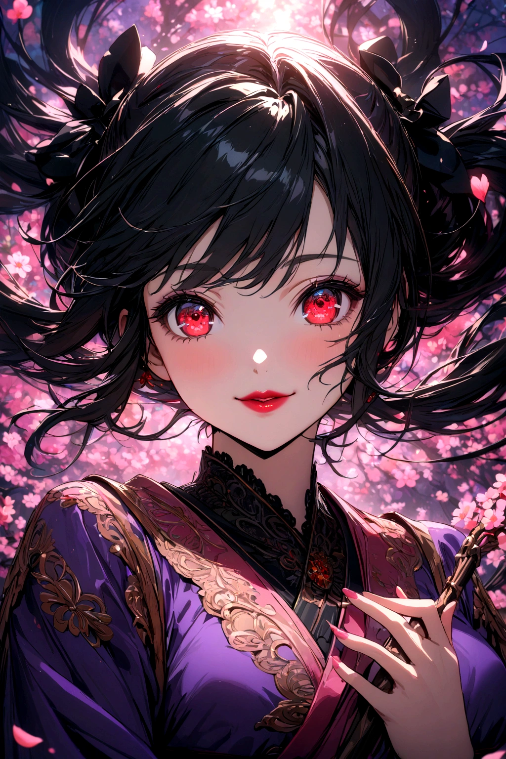 anime girl with short black hair and red highlights, very long twin ponytails, vivid red eyes, thin red lipstick, wearing a purple kimono with a black bottom, medium-sized breasts, (best quality,4k,8k,highres,masterpiece:1.2),ultra-detailed,,anime,portrait,detailed face,beautiful detailed eyes,beautiful detailed lips,extremely detailed eyes and face,long eyelashes,intricate details,elegant expression,dramatic lighting,vibrant colors,cinematic composition walking in a cheery blossom field while smiling and holding a pink leaf