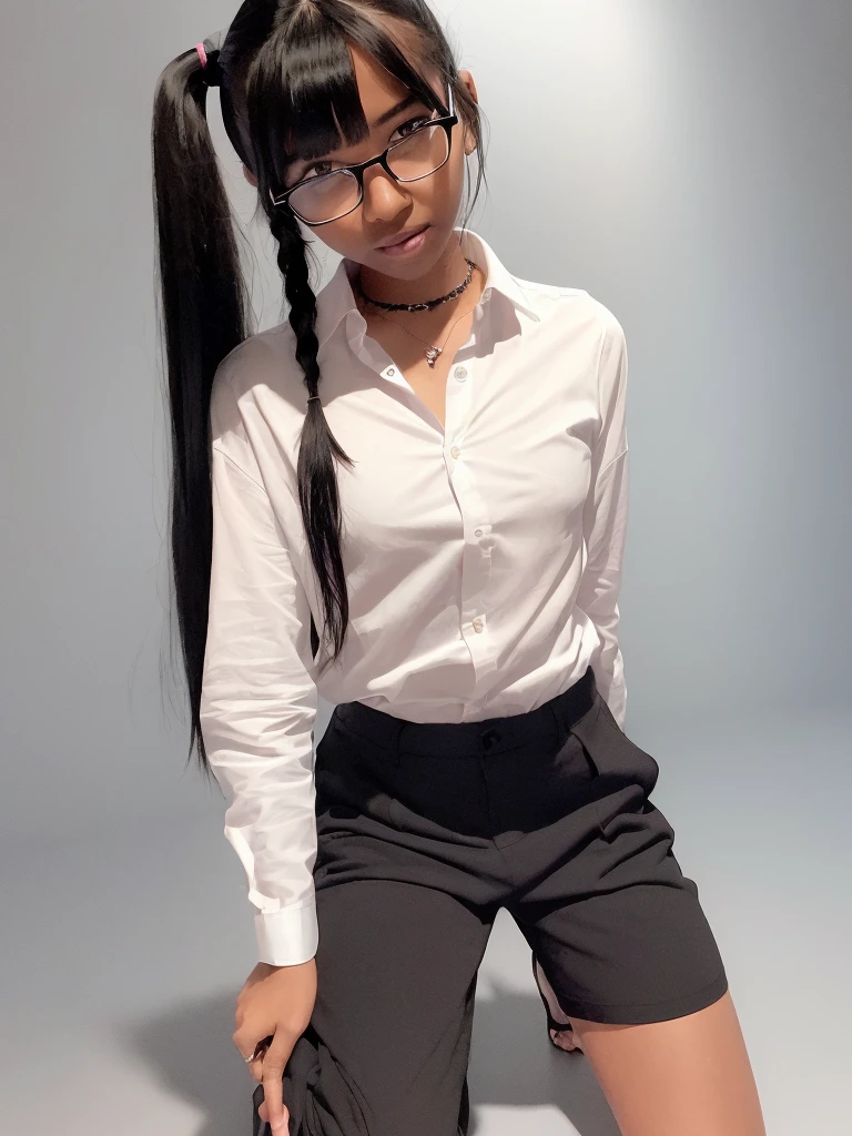 (1 girl solo),(dark skin:1.5) ,20 years old, (black hair:1.3),  (glasses:1.4),  , (straight hair:1.5), (evil smile:1.2) ,long sidelocks, (blush:1.3),(kneeling:1.3),(Put left knee in front:1.5),(boy's school uniform long pant:1.5),(loosen necktie:1.2),spread legs,bend knee,(open shirt:1.5),(short_sleeves shirt:1.3),(low long ponytail:1.4),(blunt bangs:1.4), (greaming skin:1.3),(flat_chest),(wide hips:1.3)