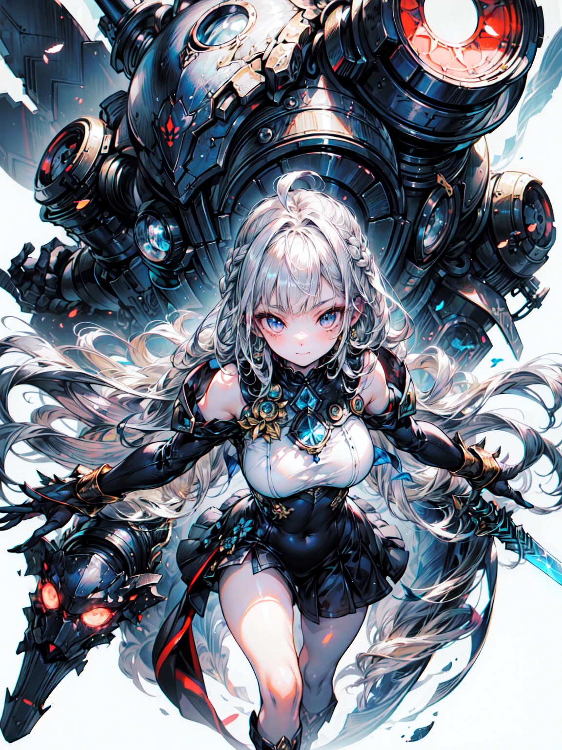 (Official Art、Highest quality、unity 8k wallpaper、32k、masterpiece、Very detailed、Ultra-high resolution、Realistic、realism、Very interesting:1.2)、(Cinema Lighting:1.2)、Fire effect、Film Grain、Best shade、Edge lighting、Side light、(Very detailed且复杂的 3D 渲染)、细致Beautiful Face庞和眼睛、Sharp pupils、Realistic学生、thin、１men and women、Medium Bust、(whole body:1.2)、 Beautiful Face、Beautiful 16 year old girl、(Extremely thin muscles、Detailed skin texture:1.3)、(Silver Blonde、Blue-silver hair:1.3)、Paladin、Long Hair、Blunt bangs、Green Eyes、3 braids 1 bundle、(Blue Armor、Blue Boots、Blue Helmet、Jeweled、Gold embroidery)、thin、Long skirt、(Thighs Thighs Thighs Thighs:0.8)、(Chis、Inside the house、Stained Glass Art、Large Pipe Organ、Hello、mystery、a lot of feathers floating、Angelic、Particles of light、strict、sun、colorful、wonderful:1.2)、(wonderful:1.3)、(With the holy sword in hand:1.4)、wonderful、Laugh and laugh、Blake、Big Breasts（Dark Elf), (1 Girl), alone, Perfect Face, Get used to it, Ahoge, ((Long Hair:1.2)),[[Messy Hair]], Shiny blonde white hair, Purple eyes, Variegated eyes, colorfulな髪, Shining Eyes, (eyelash, eye shadow, pink eye shadow), bright, smile, Design Art：haruhiko mikimoto, by Kawashi, By Yoshitaka Amano