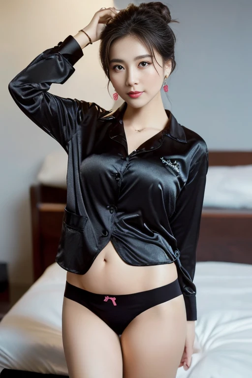 top Quority，Ultra-clear resolution,  ((Beautiful Chinese aunt).   Body.   Sexy.   Slim.   Thin.   Captivating.   Natural face.   No lipstick.   Messy Bun.   ( no Earrings-Earrings).

((Micro panties)),   ((breasted button-up. Black pajama sleep shirt)),    long legs_full body.    Pose.erotic.    sit down.     On bed pregnant