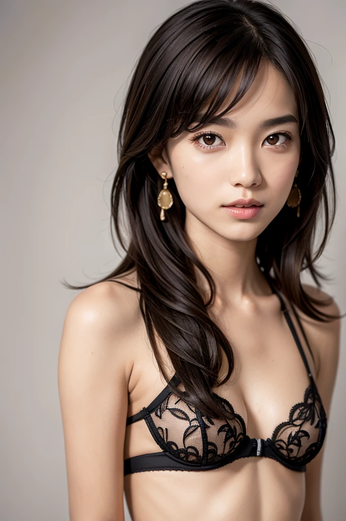 ((masterpiece)),((Highest quality)),8K,Detailed,Super detailed,photograph,Awards,documentary,オリジナルphotograph,Reality,(Simple Background:1.35),
One girl,alone,Asian slim girl,Skinny girl,alone,Beautiful Face,Real skin texture,Well-proportioned hands,Medium Full Shot,((((Random color underwear, )))),(Different facial features:1.45),Earrings,Random color nail polish,compensate,eyeliner,eyelash,(Random color lips),Coffee Brown Hair,Parted bangs,Bow-shaped hair,Slicked back hair,
([energy saving lighting|Fog lights|Global Illumination|Show lighting]),(In the Studio,[Golden Ratio|Portraiture|Cinematic shots]),[avert your eyes|Princess Carrie|Holding flowers|Arm blade|spinning|Tie your hair up],Happy,Part your lips,