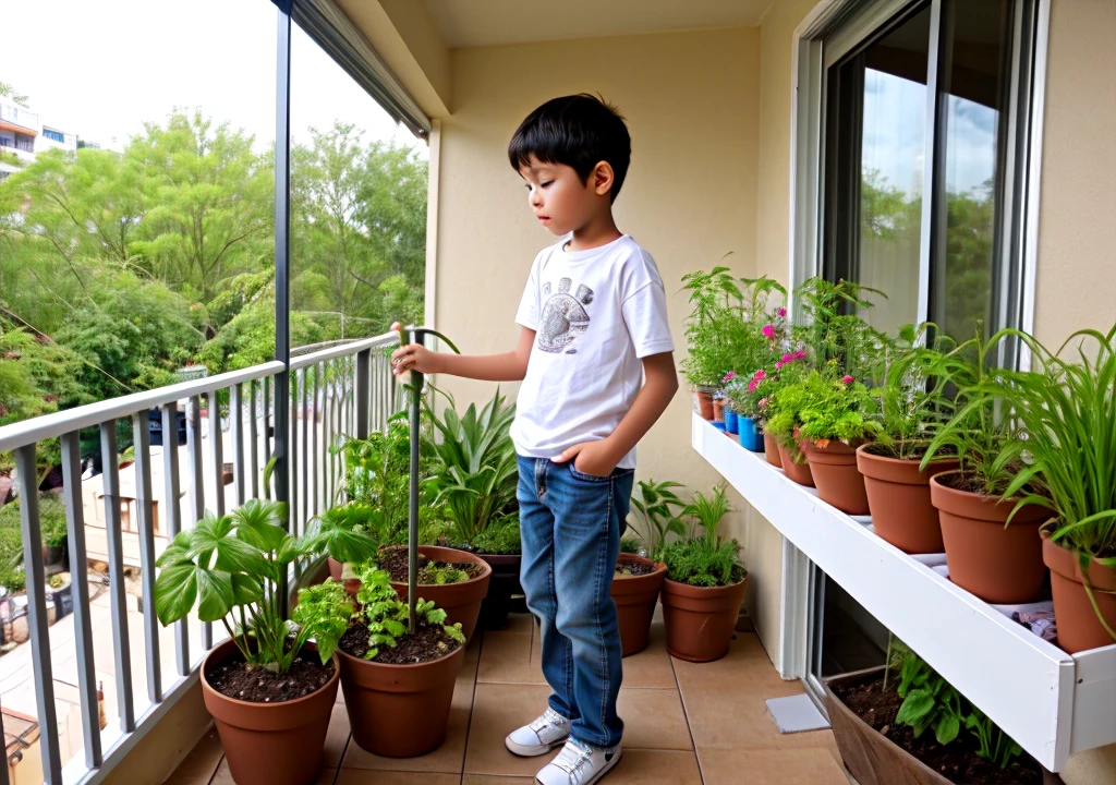 A boy is using a  gardening net for his balcony garden, 