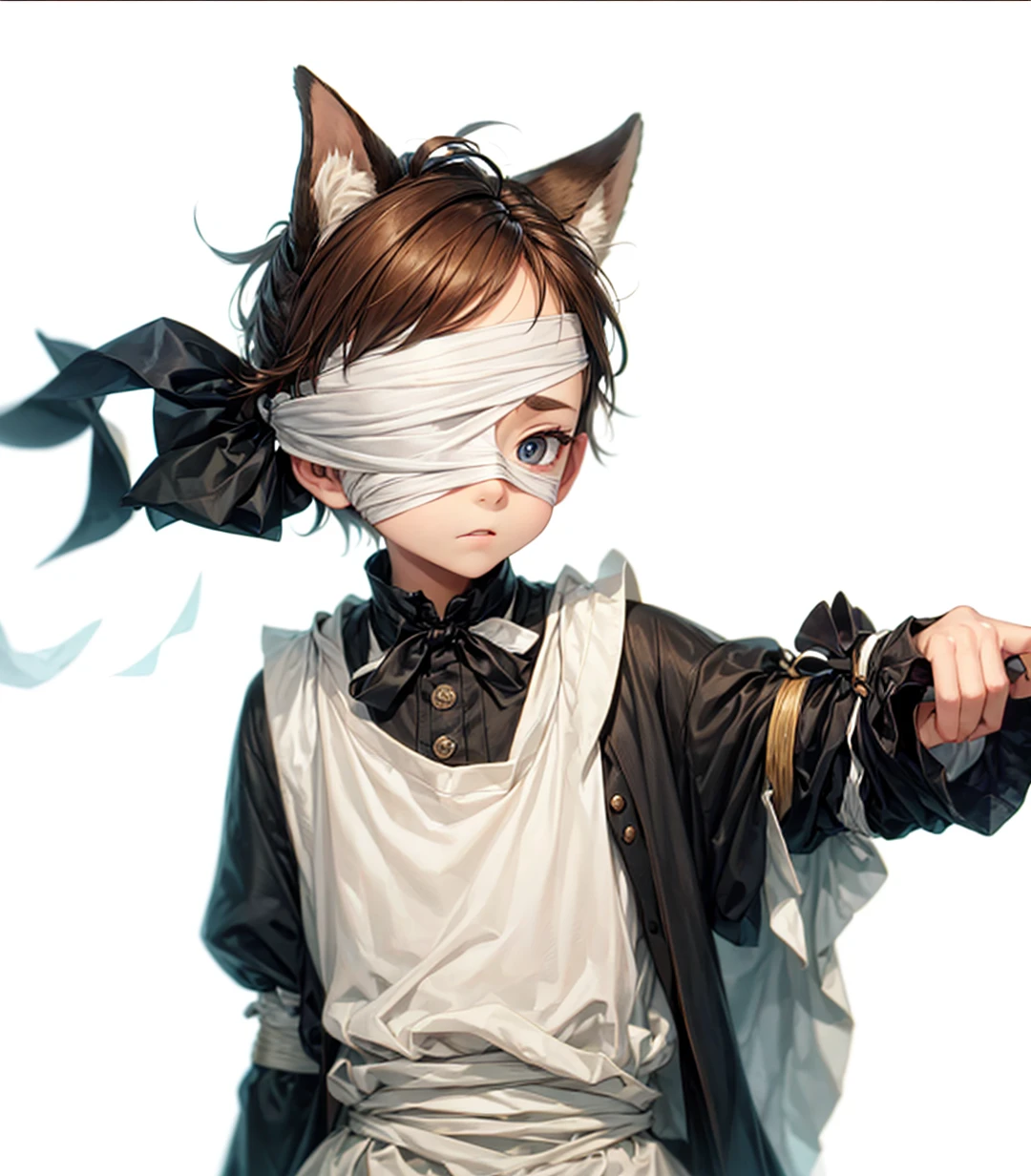 ,Youngh,Victorian Clothes,bandages over eyes,brownhair,tails, evil expression